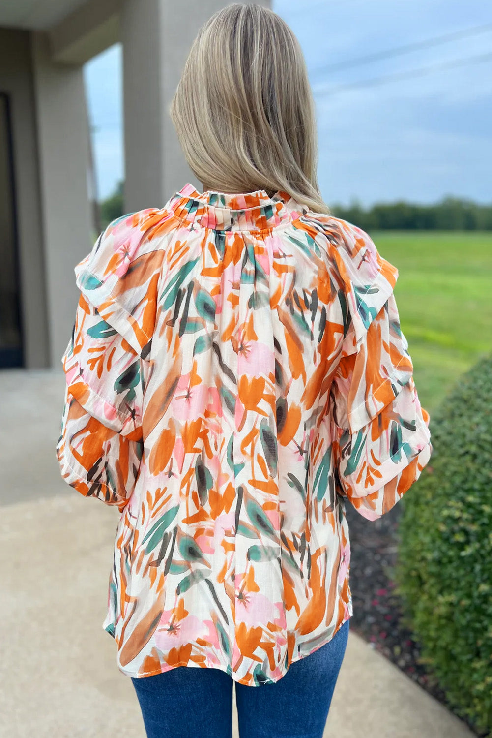 Yellow Abstract Print Drawstring Frilled V Neck 3/4 Sleeve Blouse eAura