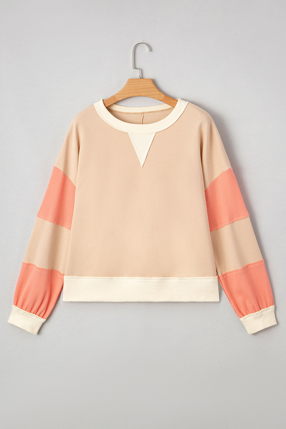 Beige Textured Patchwork Pullover Sweatshirt - eAura