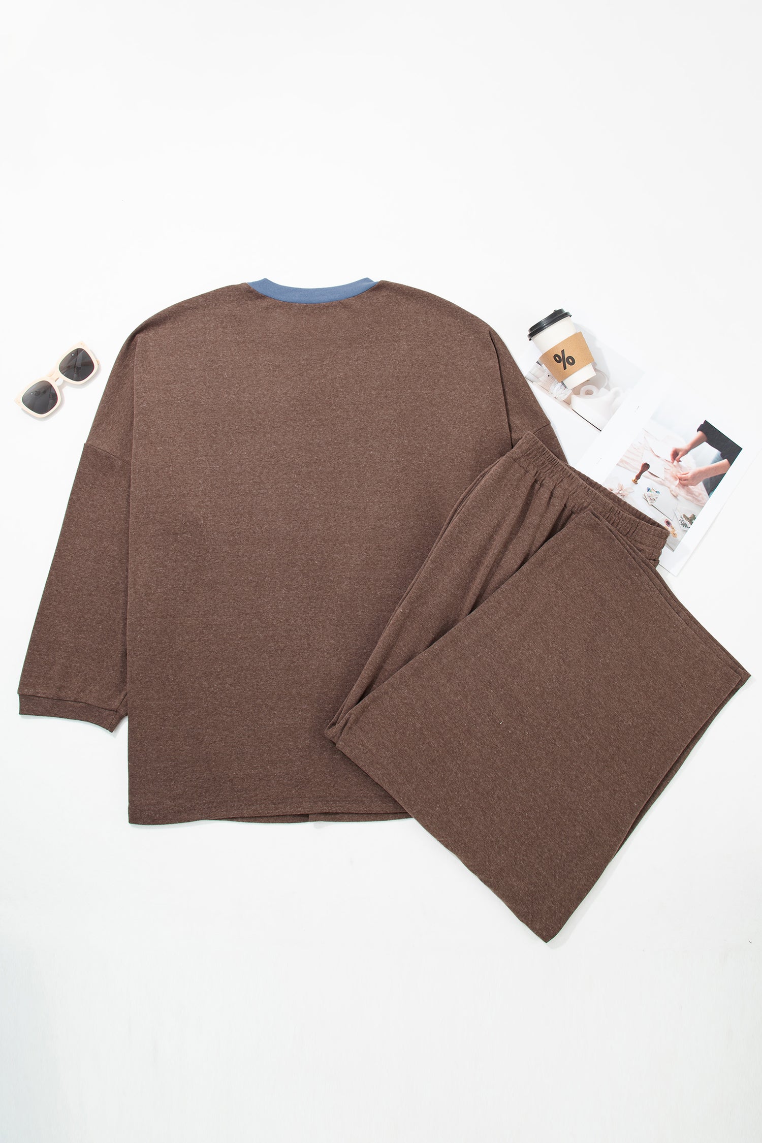 Long Sleeve Round Neck Patchwork Colorblock Plus Size Set – Dark Brown