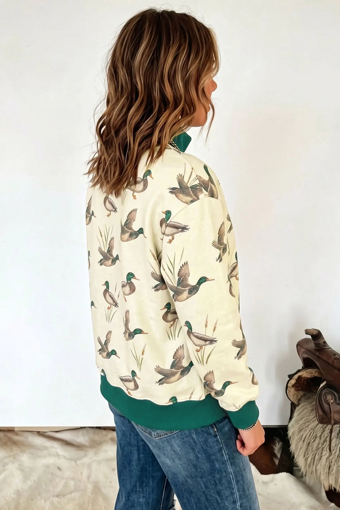 Mallard Print Patchwork Colourblock High Neck Sweatshirt