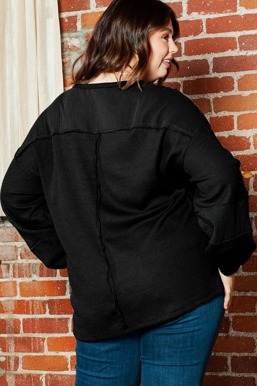 Black Plus Size Exposed Seam Crinkle Patchwork Top BB Fashion Outlet