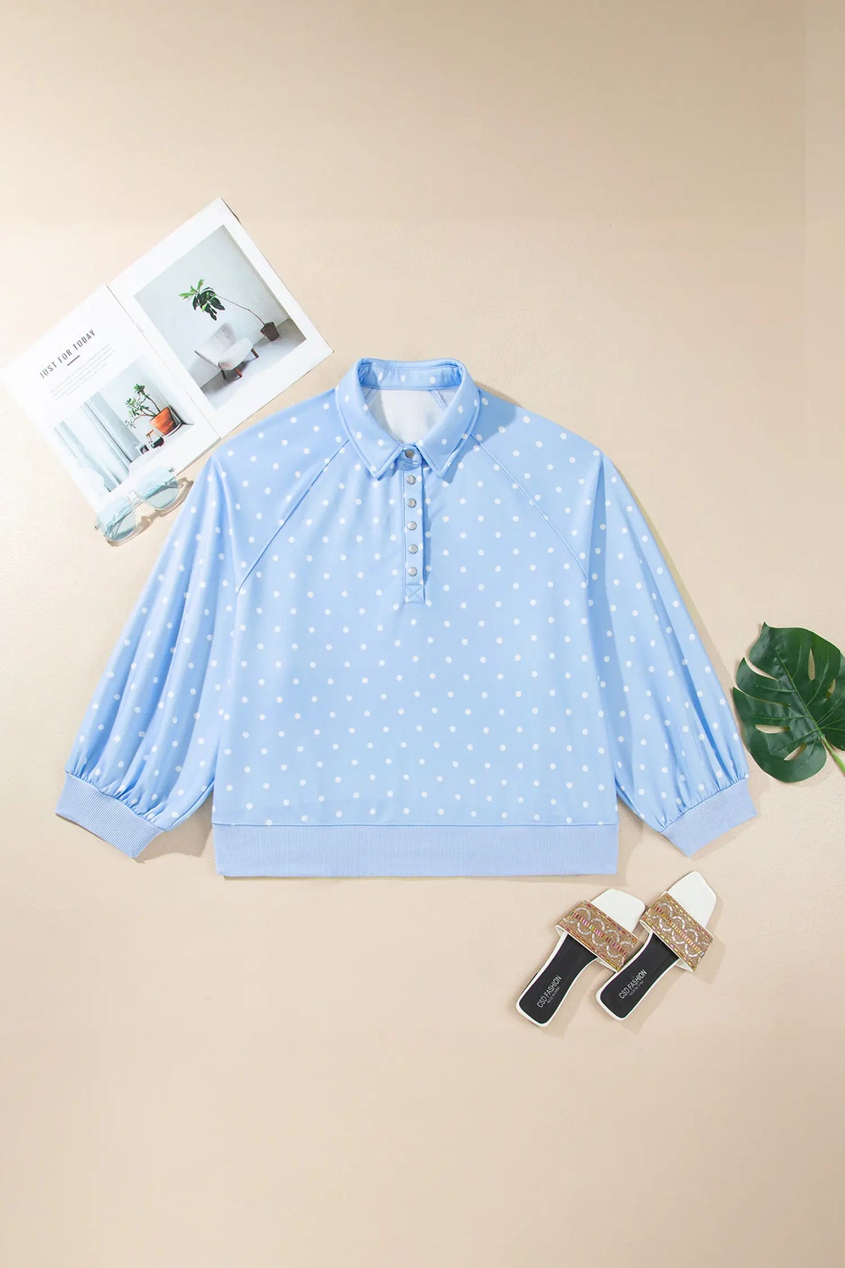 Sky Blue Polka Dot V Neck Metal Button Long Sleeve Shift Plus Size Sweatshirt – Light Blue