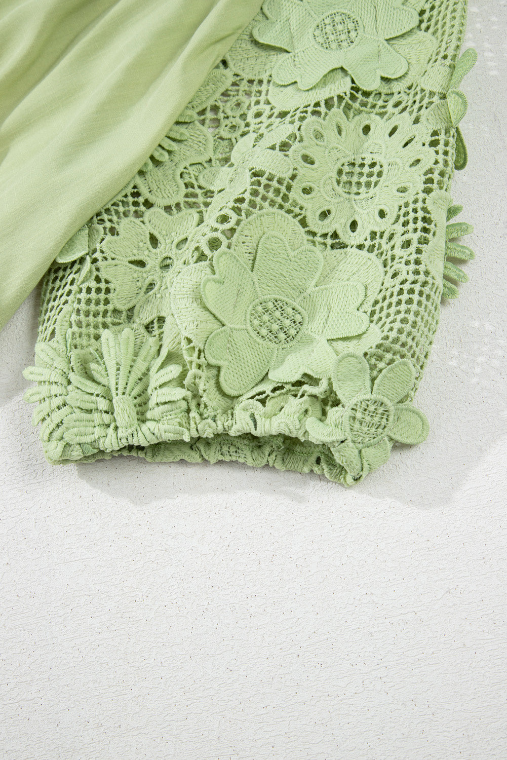 Laurel Green Floral Crochet Short Sleeve Notch V Neck Tiered Plus Size Mini Dress BB Fashion Outlet
