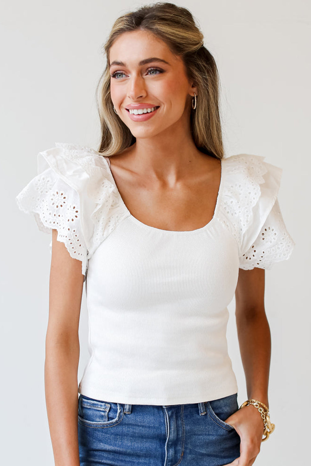 White Eyelet Ruffle Sleeve Slim Fitted Top eAura