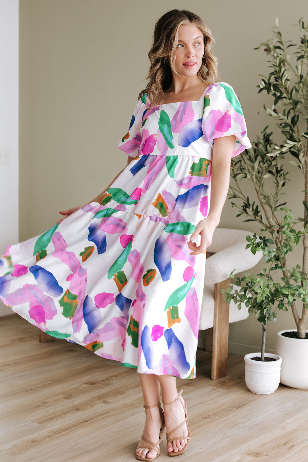 Purple Abstract Print Puff Sleeve Smocked Back Midi Dress BB Fashion Outlet