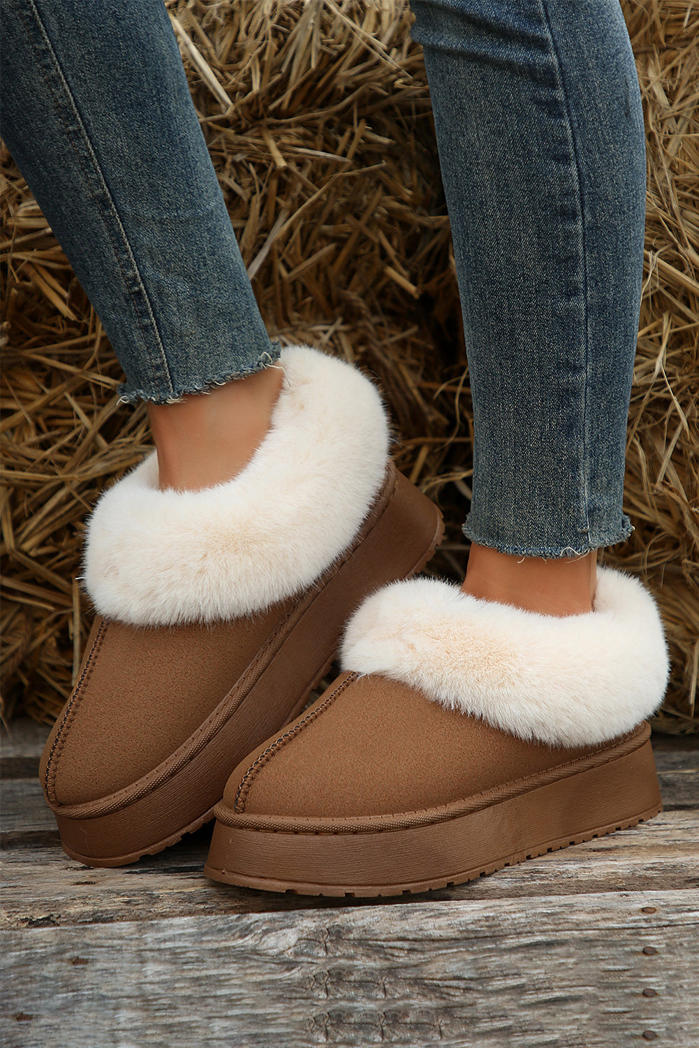 Chestnut Plush Suede Trim Thick Sole Flat Slippers BB Fashion Outlet