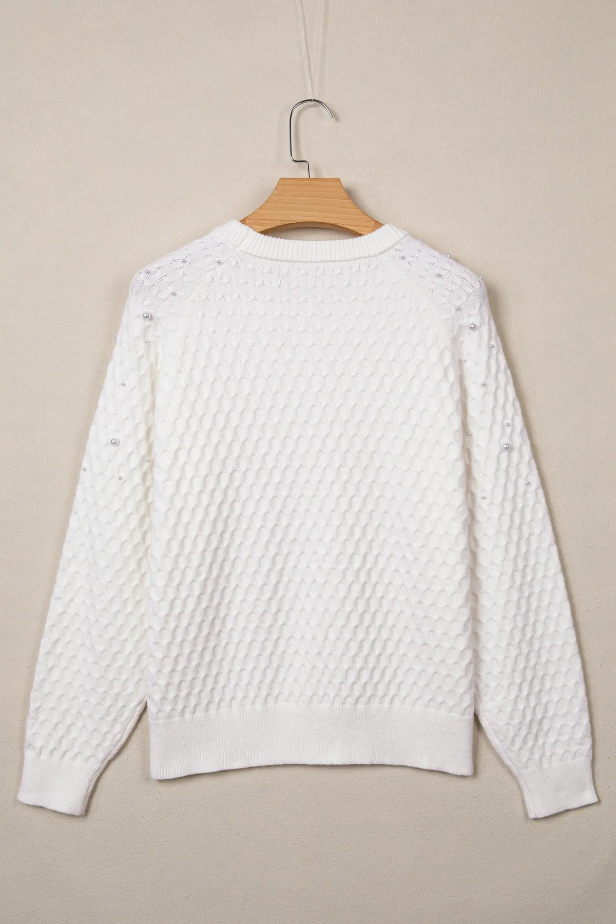 Solid Textured Knit Pearl Embellished Pullover Sweater – White