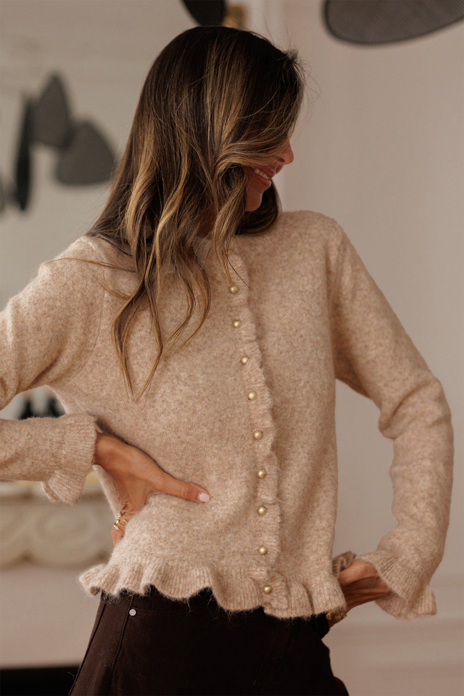 Ruffle Trim Gold Button Cardigan - eAura