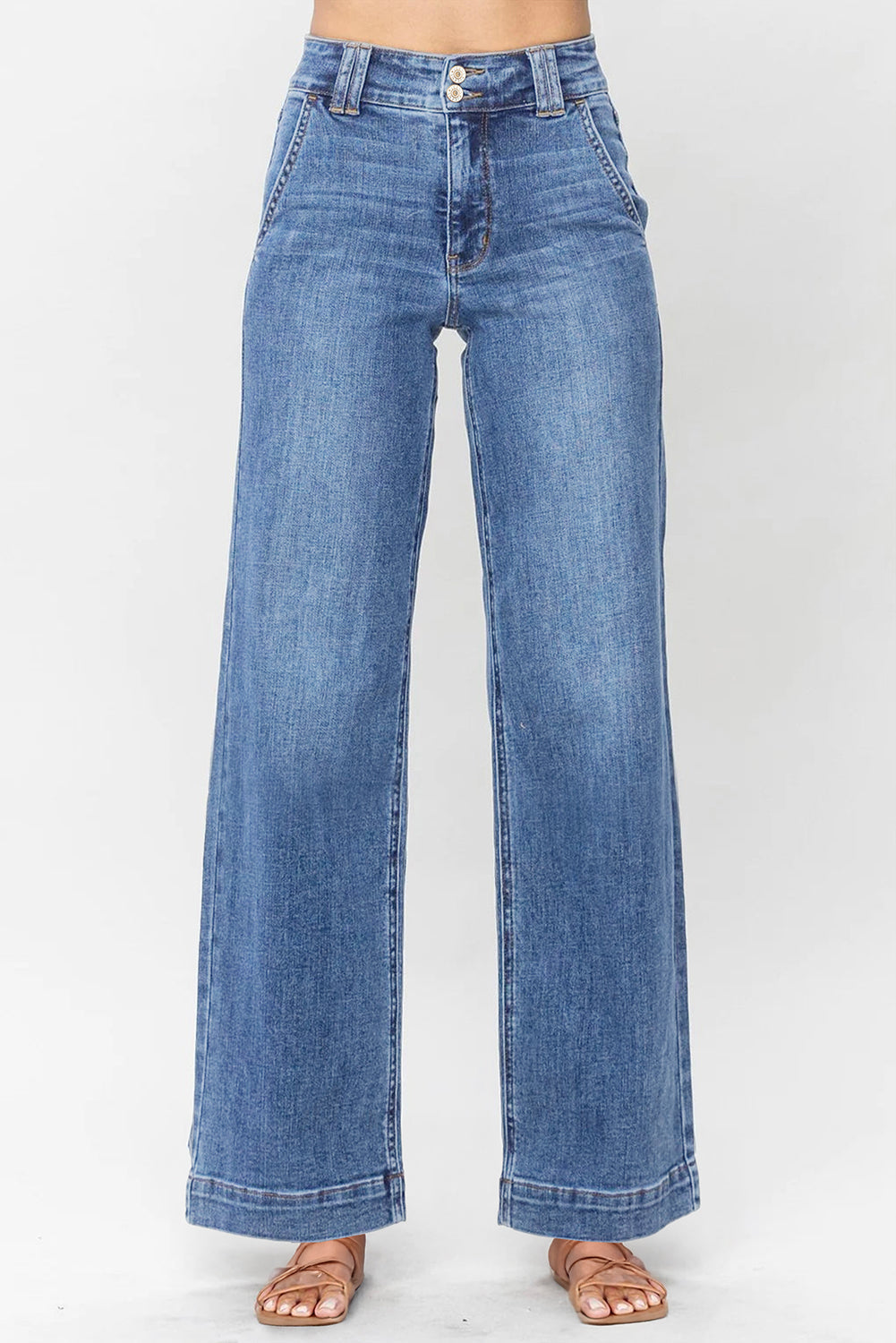 Double Button Zip Fly Straight Leg Jeans - Sky Blue / 2 - Bottoms/Jeans