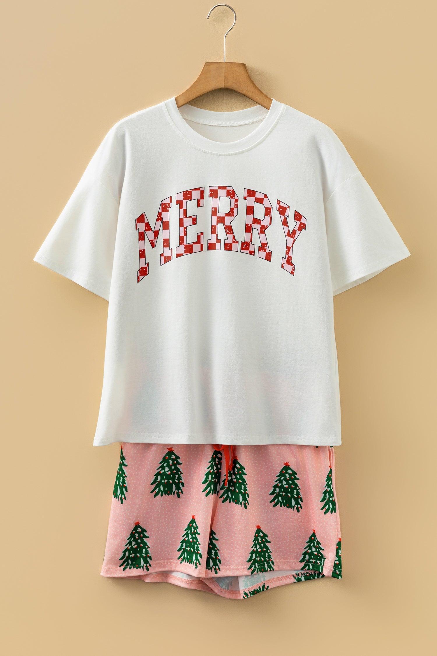 Checkered MERRY Graphic Christmas Tree Print Short Lounge Set - eAura