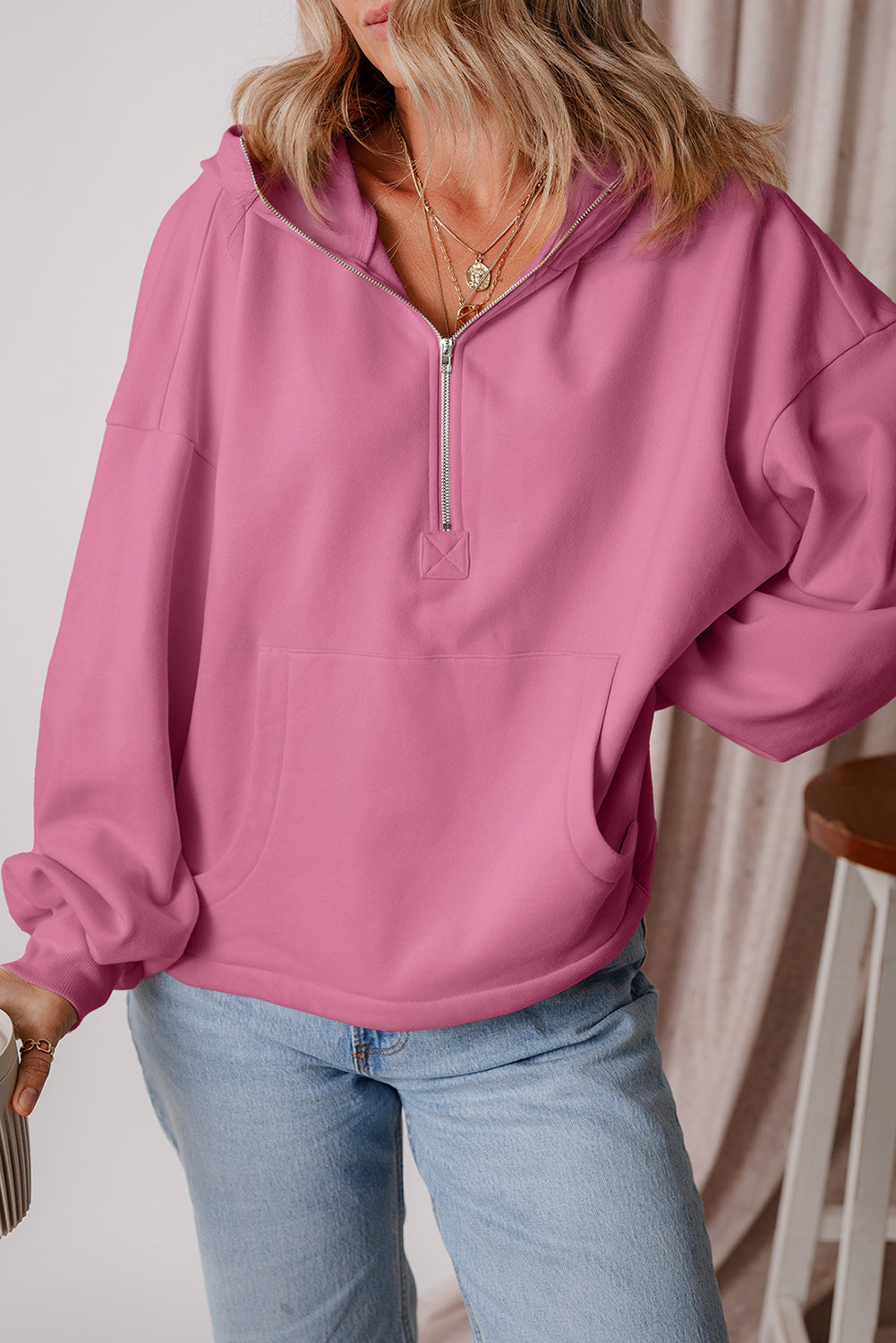 Valerian Fleece Lined Half Zipper Kangaroo Pockets Loose Hoodie eAura