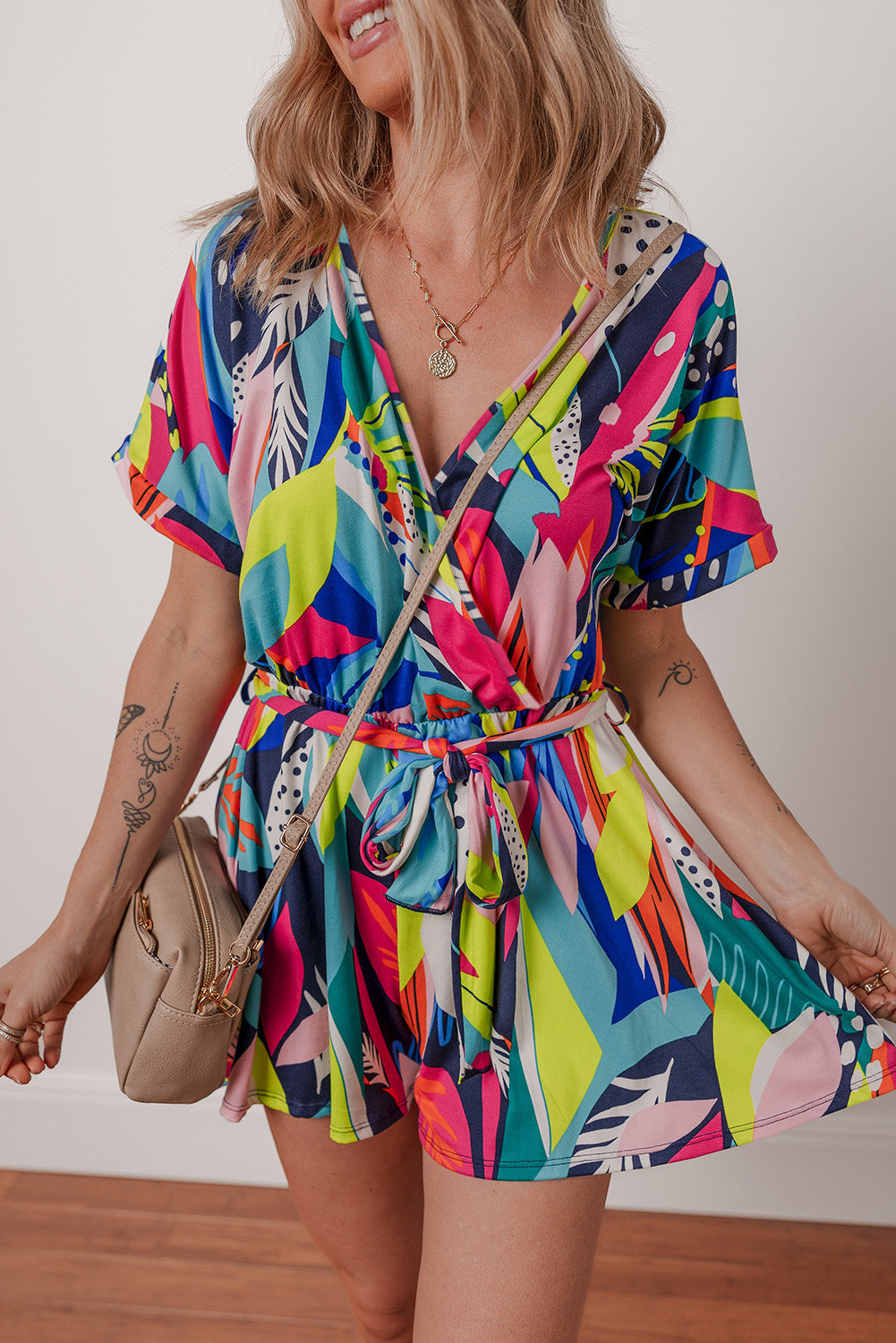 Multicolour Tropical Printed Tie Waist Romper eAura