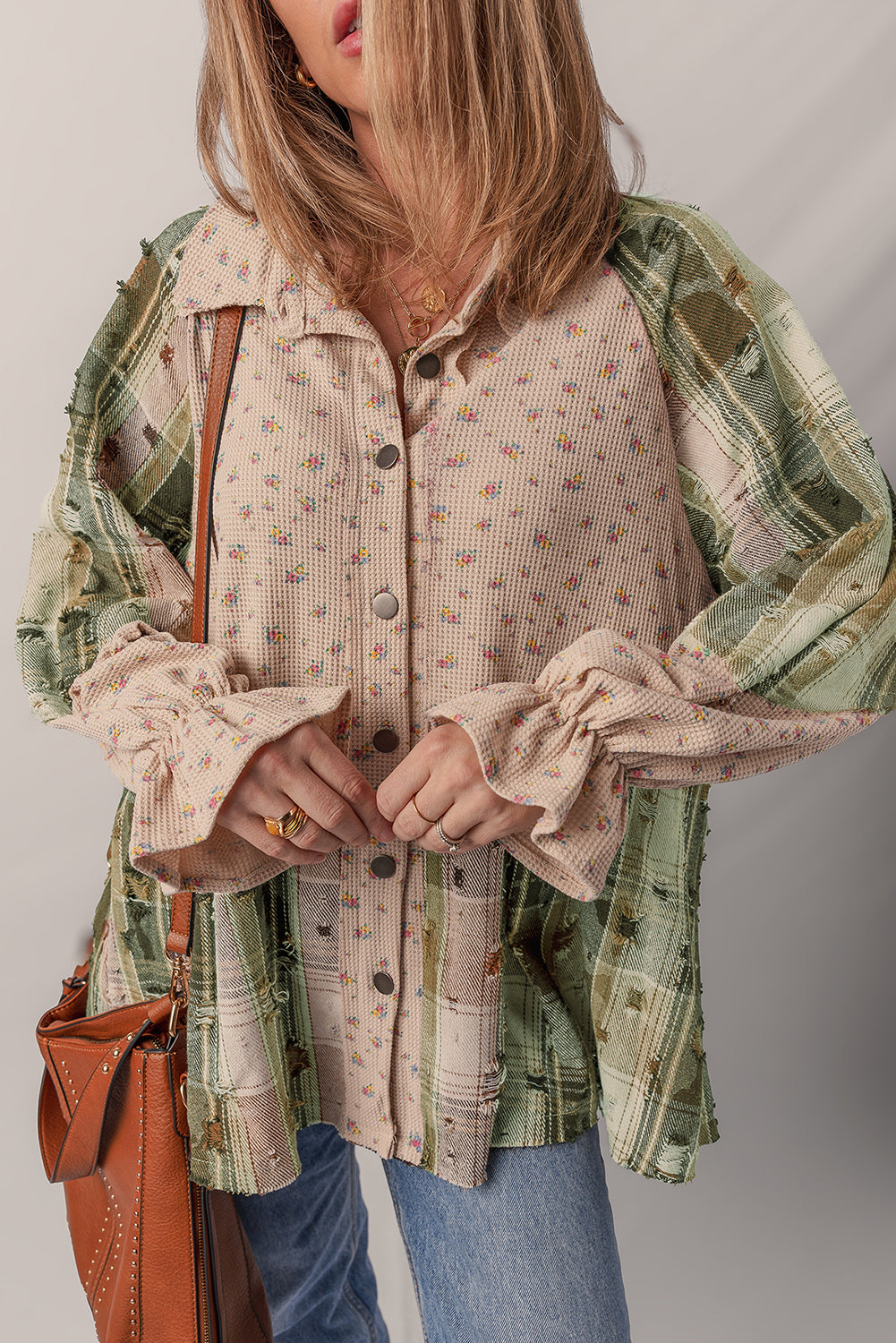 Boho Floral Plaid Patchwork Distressed Detail Ruffled Sleeve Waffle Shacket - eAura