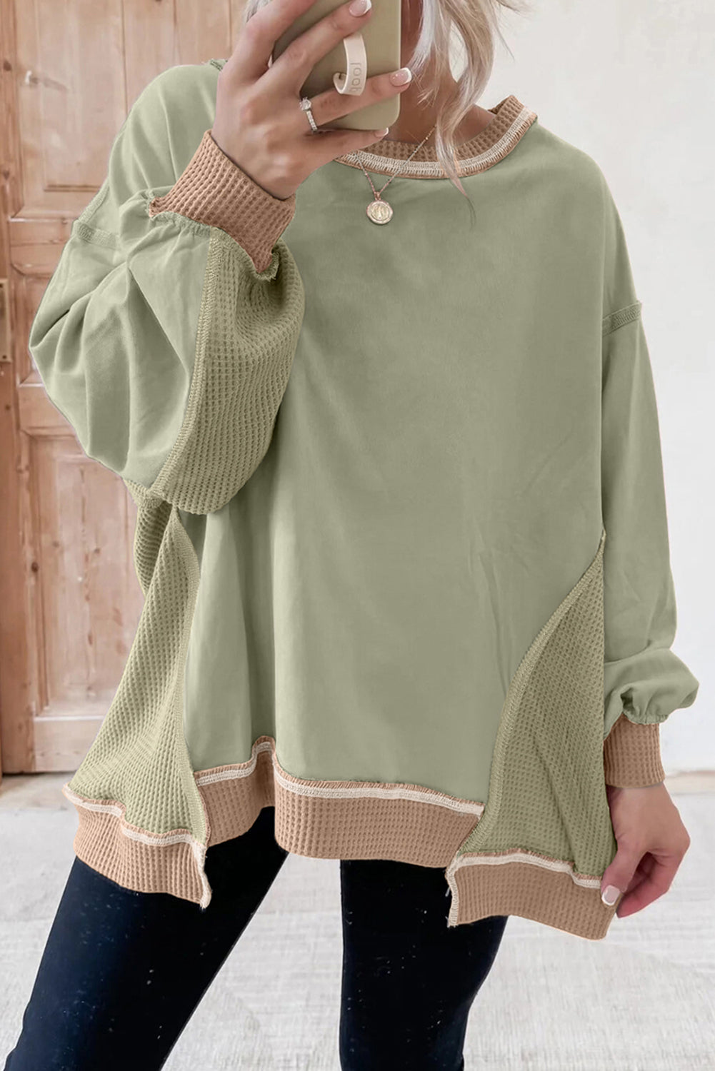 Mix Texture Waffle Patchwork Oversize Sweatshirt - eAura