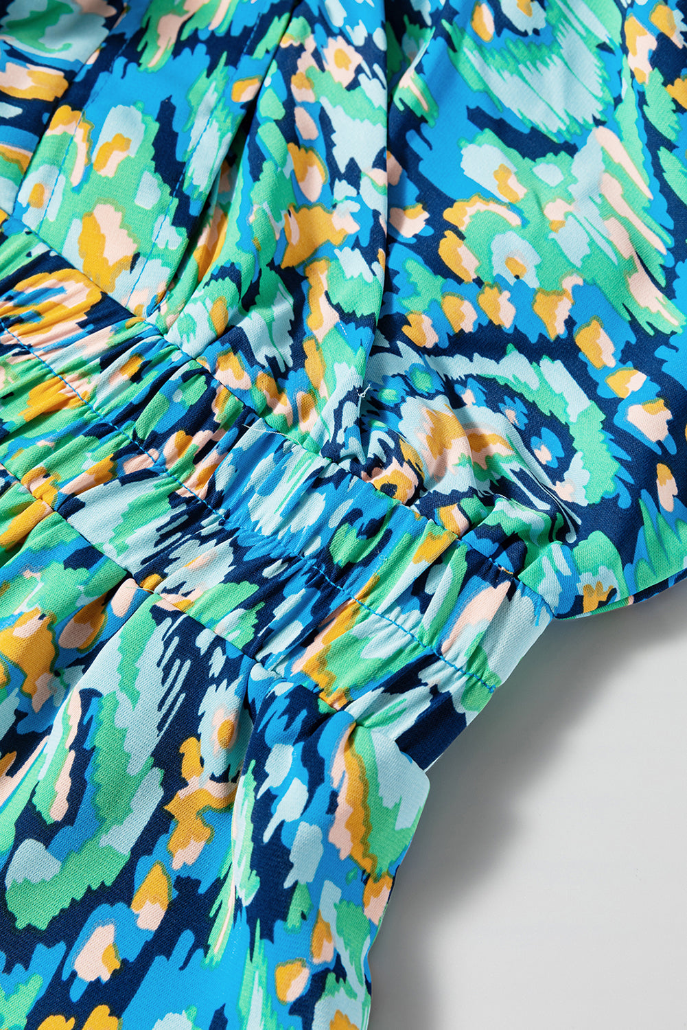 Green Abstract Print Puff Sleeve V Neck High Waist Romper eAura