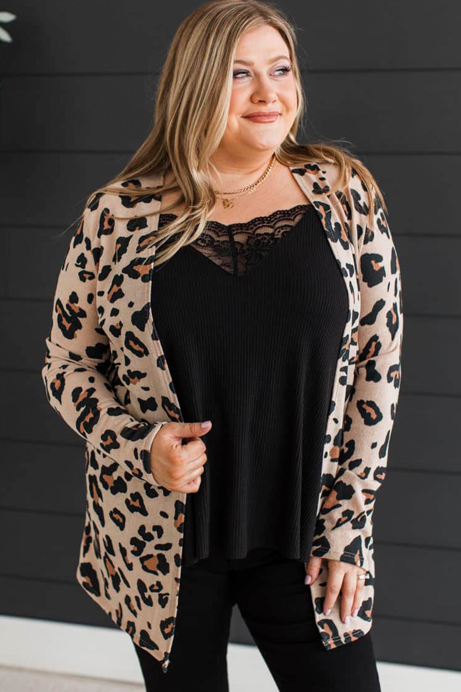 Leopard Print Long Sleeve V Neck Tunic Plus Size Cardigan – Khaki