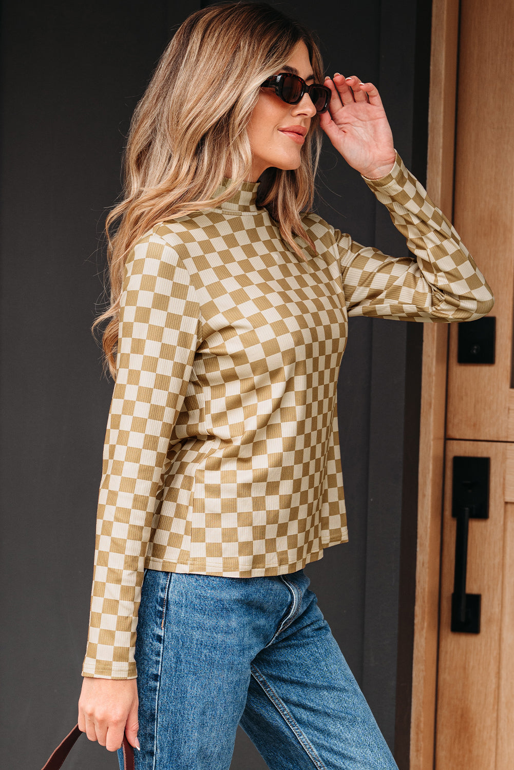 Check Pattern Turtleneck Ribbed Slim Long Sleeve Tee - eAura