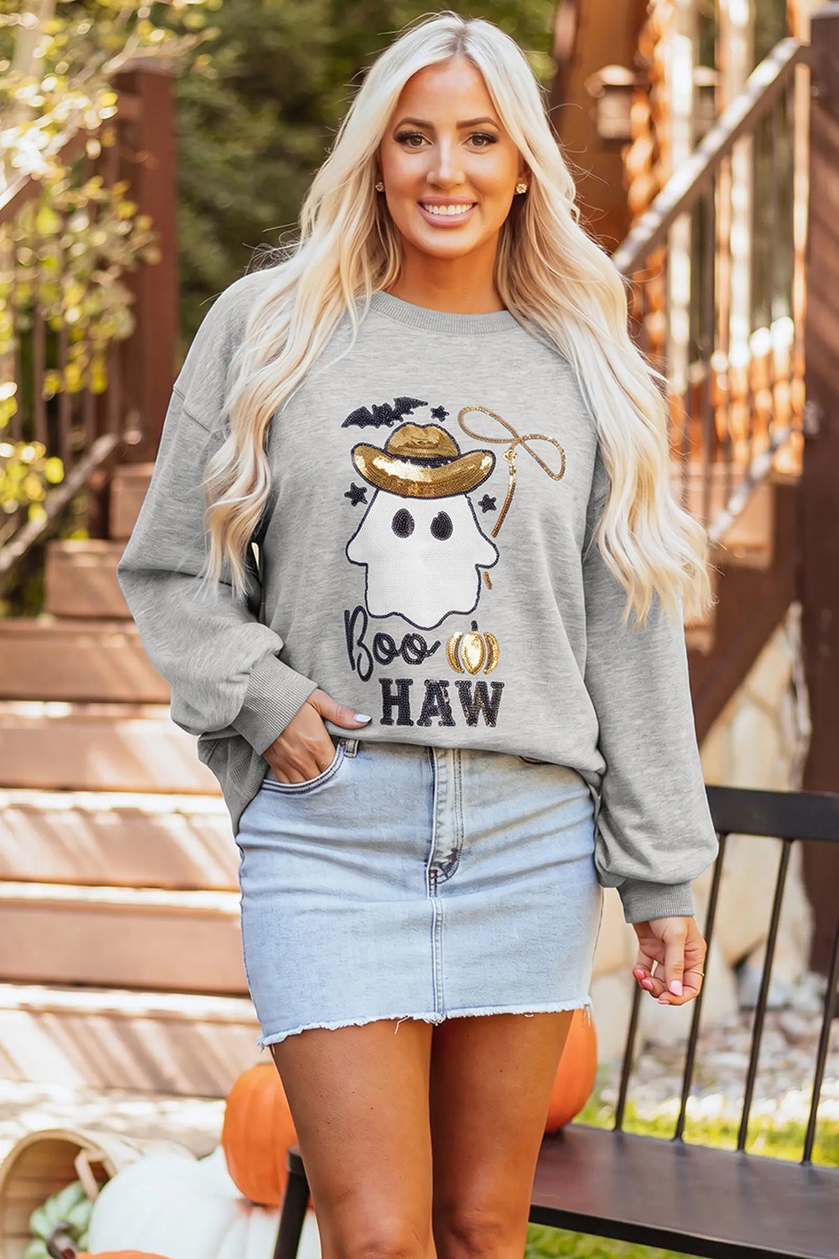 Sequin Western Ghost Print Long Sleeve Round Neck Sweatshirt – Medium Grey