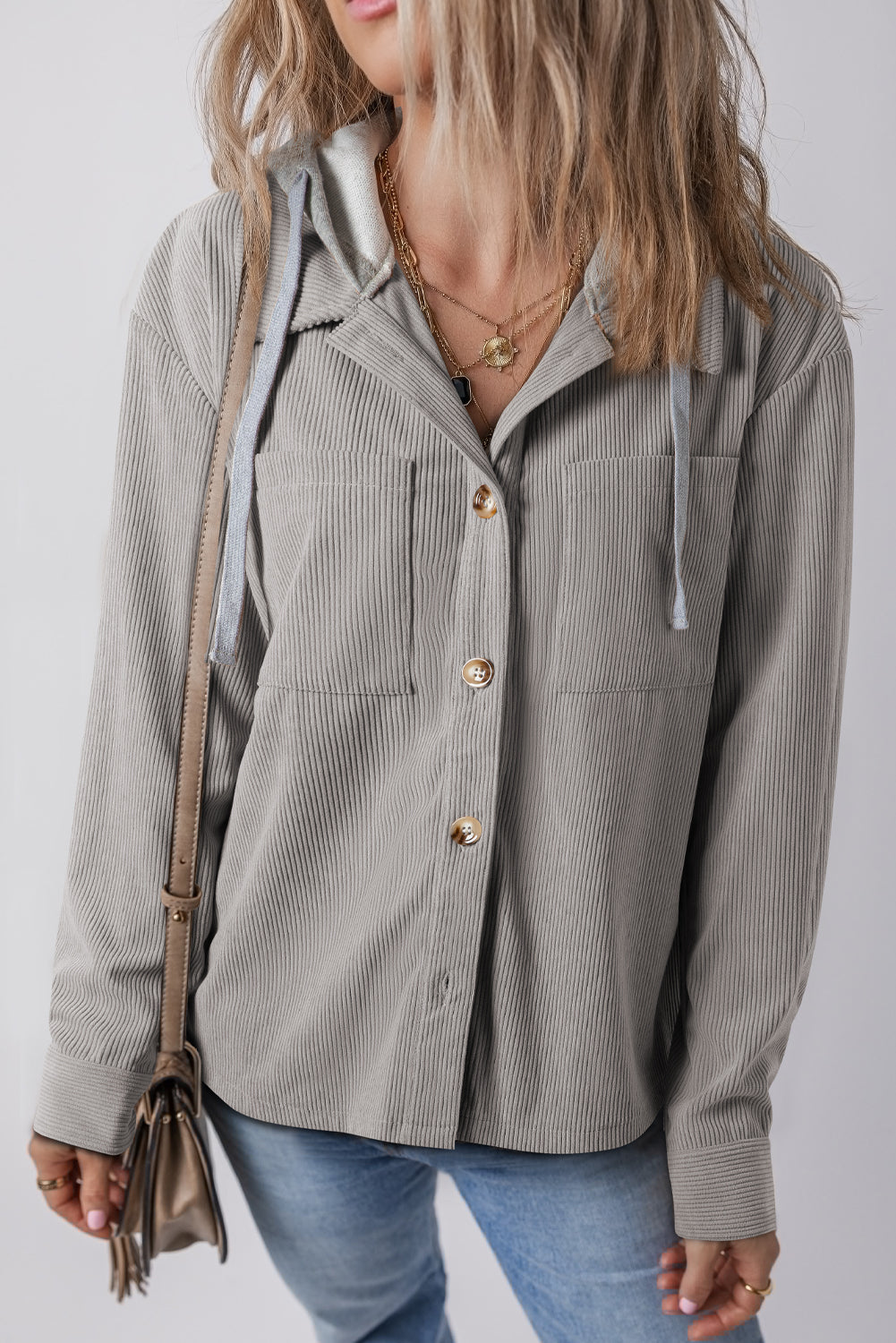 Light Grey Hooded Drawstring Pockets Corduroy Shacket Beagle Boutique Fashion Outlet