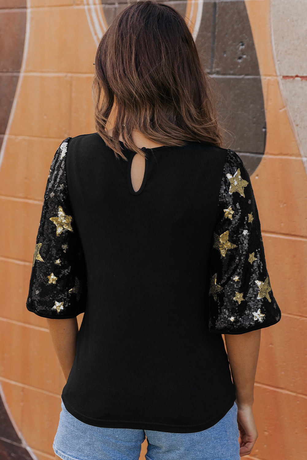 Black Star Sequin Splicing Half Sleeve Top eAura
