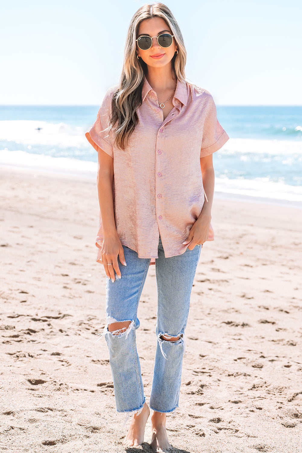 Delicacy Metallic Buttoned Loose Fit Short Sleeve Shirt eAura