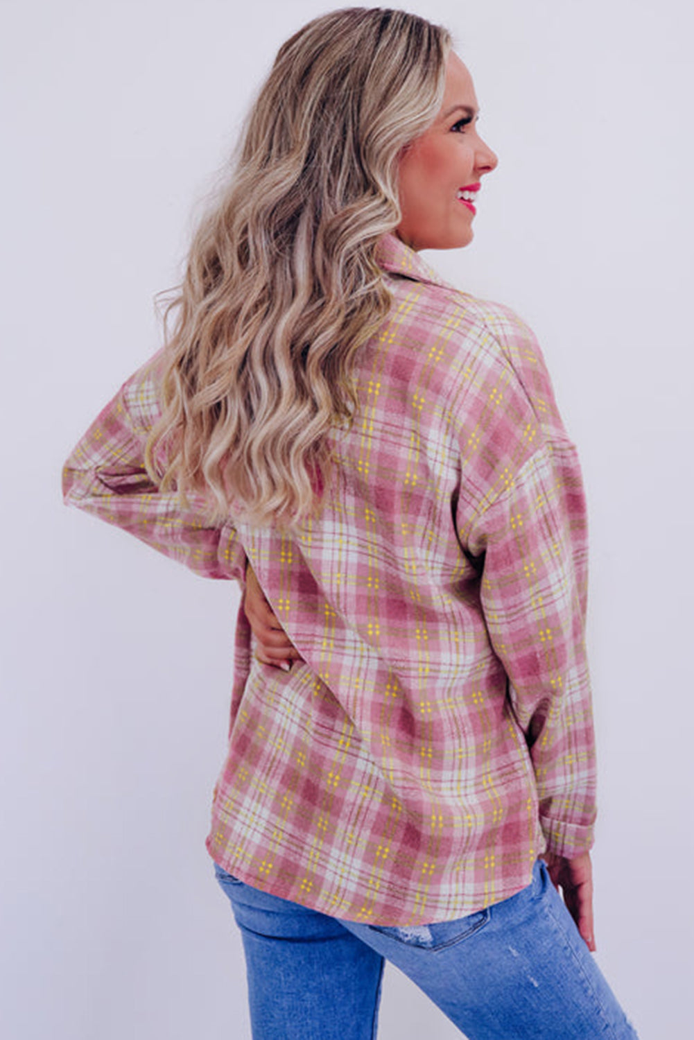 Pink Plaid Print Chest Pocket Long Sleeve Shacket Beagle Boutique Fashion Outlet