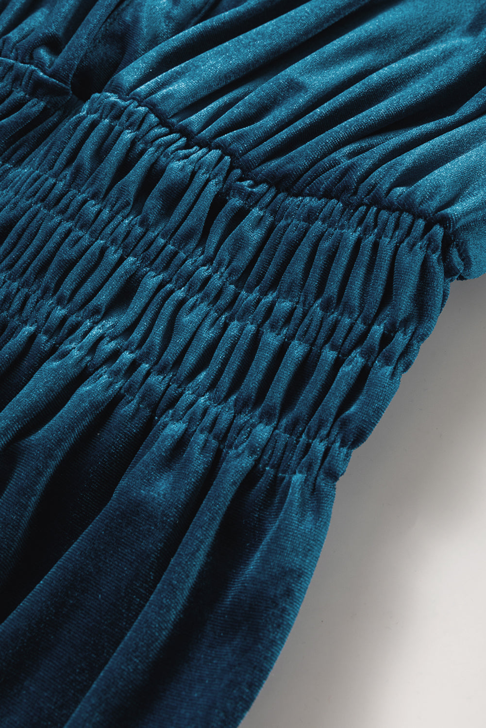 Prussian Blue Velvet Short Sleeve Shirred Waist Tiered Maxi Dress BB Fashion Outlet