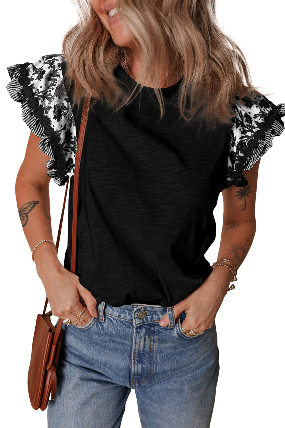 Black Ricrac Trim Printed Flutter Sleeve Contrast Patchwork Blouse BB Fashion Outlet