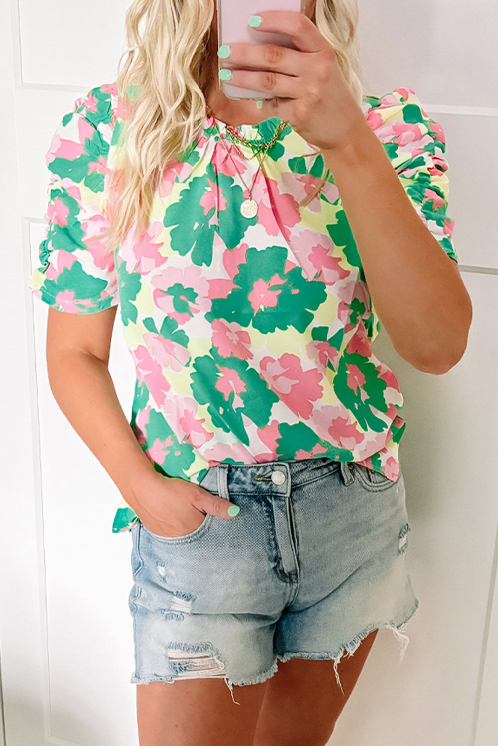 Green Abstract Print Frilly Neck Ruched Short Sleeve Blouse eAura