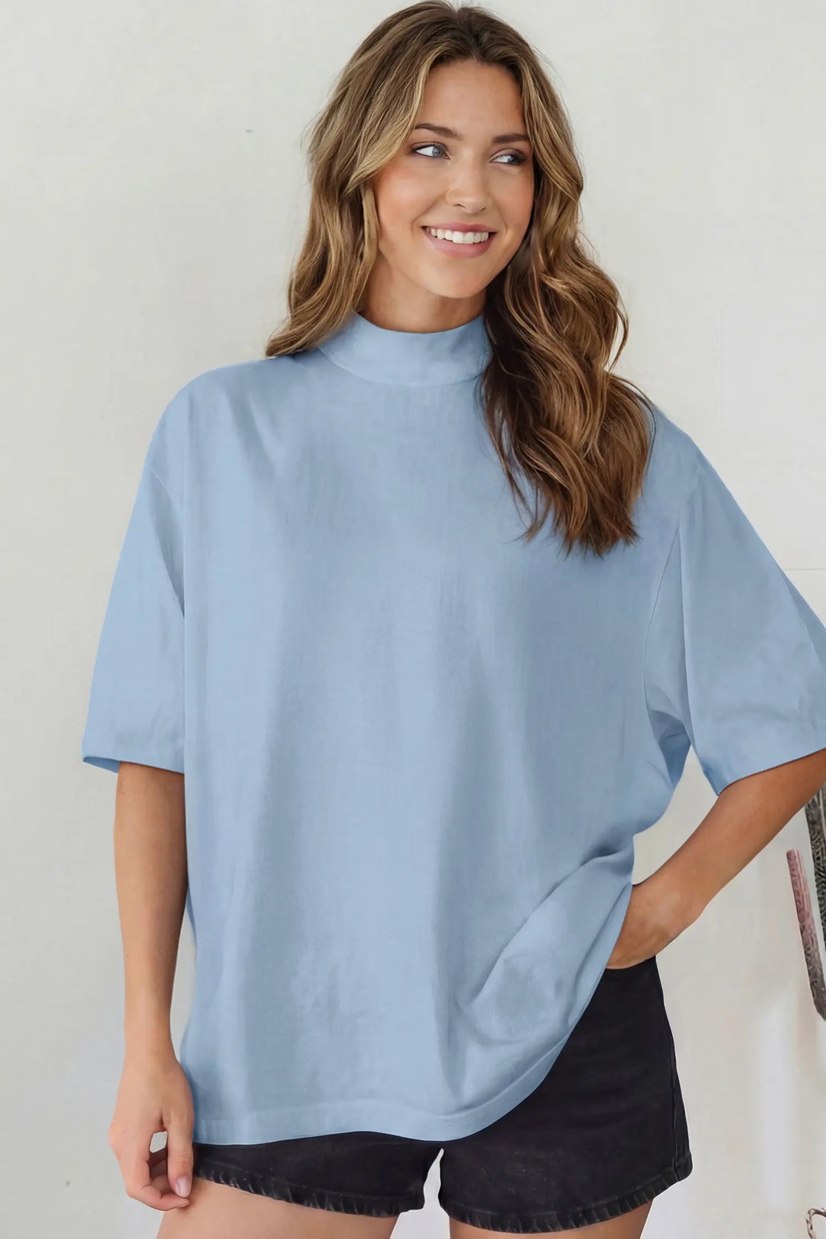 Solid Colour High Neck Oversize Tee – Wisteria