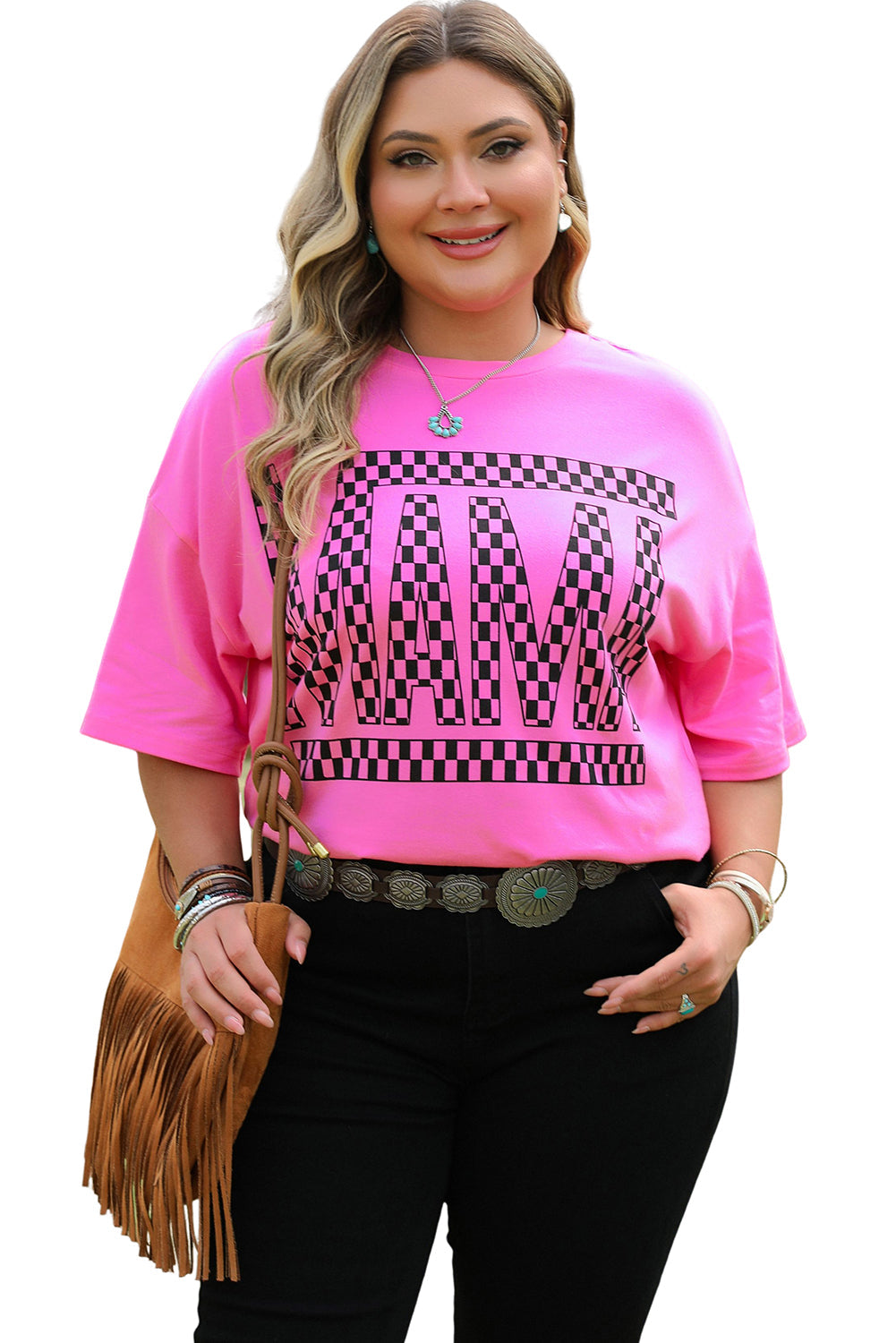 Bright Pink Checker MAMA Letter Printed Graphic Plus Size T Shirt BB Fashion Outlet