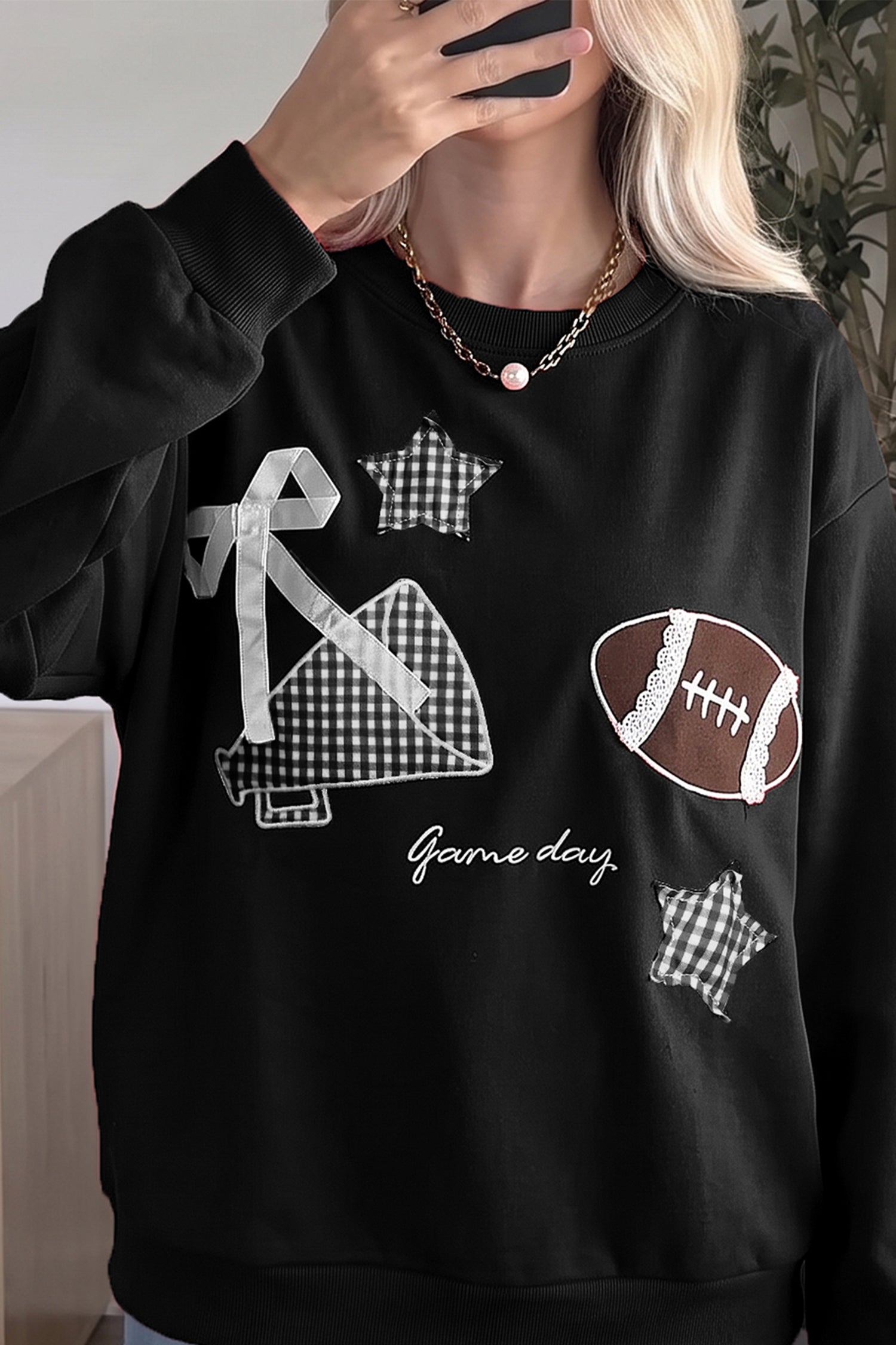 Gingham Patch Embroidered Rugby Game Day Stars Sweatshirt – Racing Red