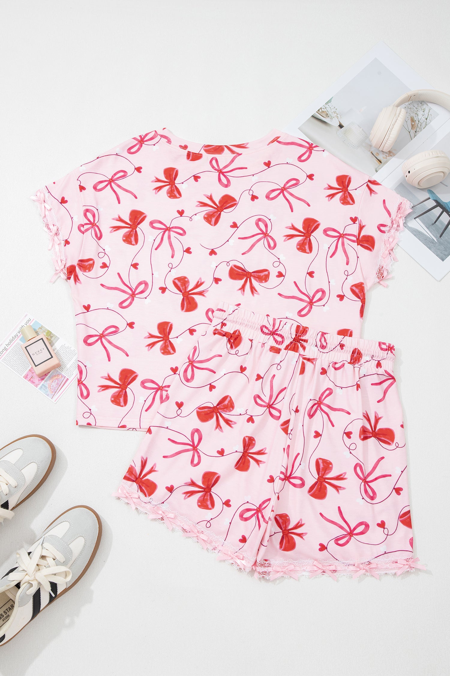 Romantic Bow Print Loose Tee Drawstring Shorts 2pcs Lounge Set – Red