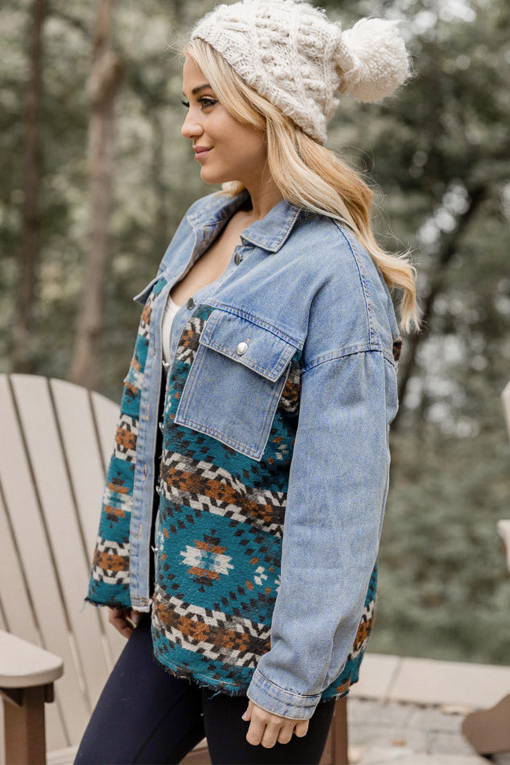 Blue Aztec Printed Denim Jacket Beagle Boutique Fashion Outlet