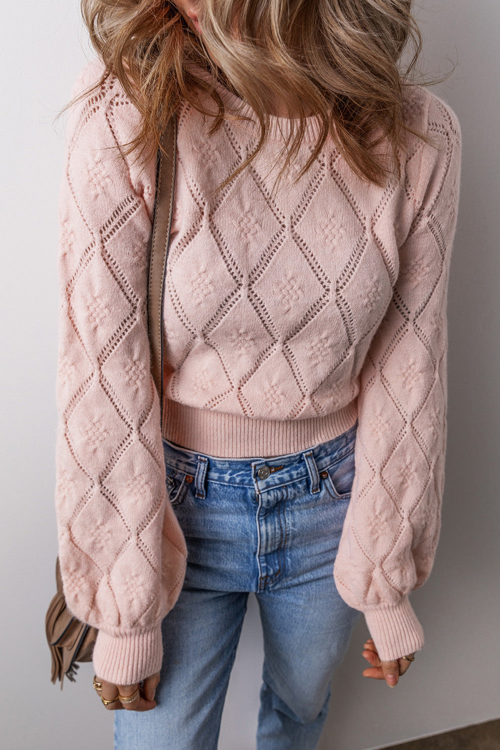Gossamer Pink Openwork Plaid Puff Sleeve Cropped Sweater eAura