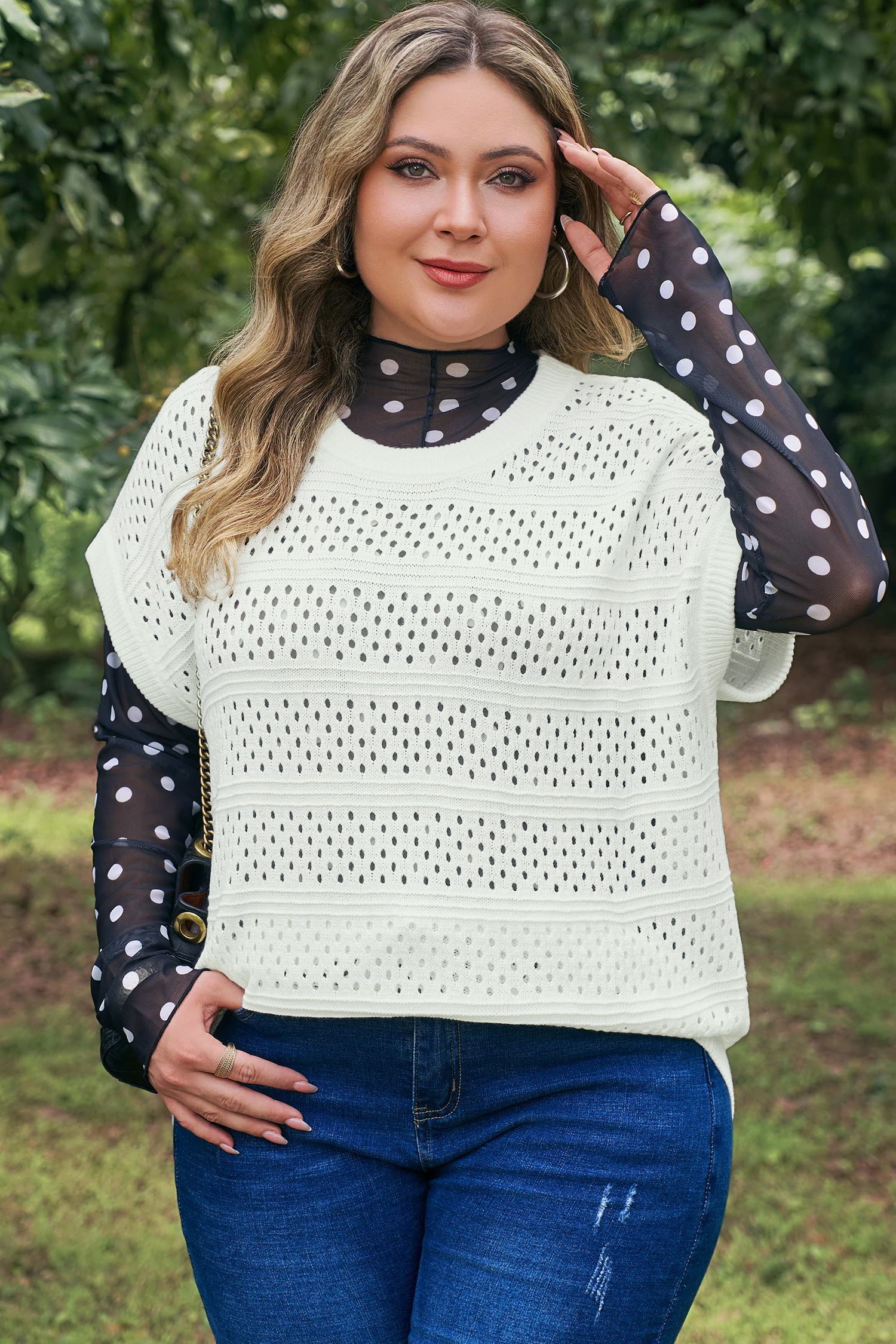 Plus Size Eyelet Hollow-Out Knit Dolman Short Sleeve Sweater