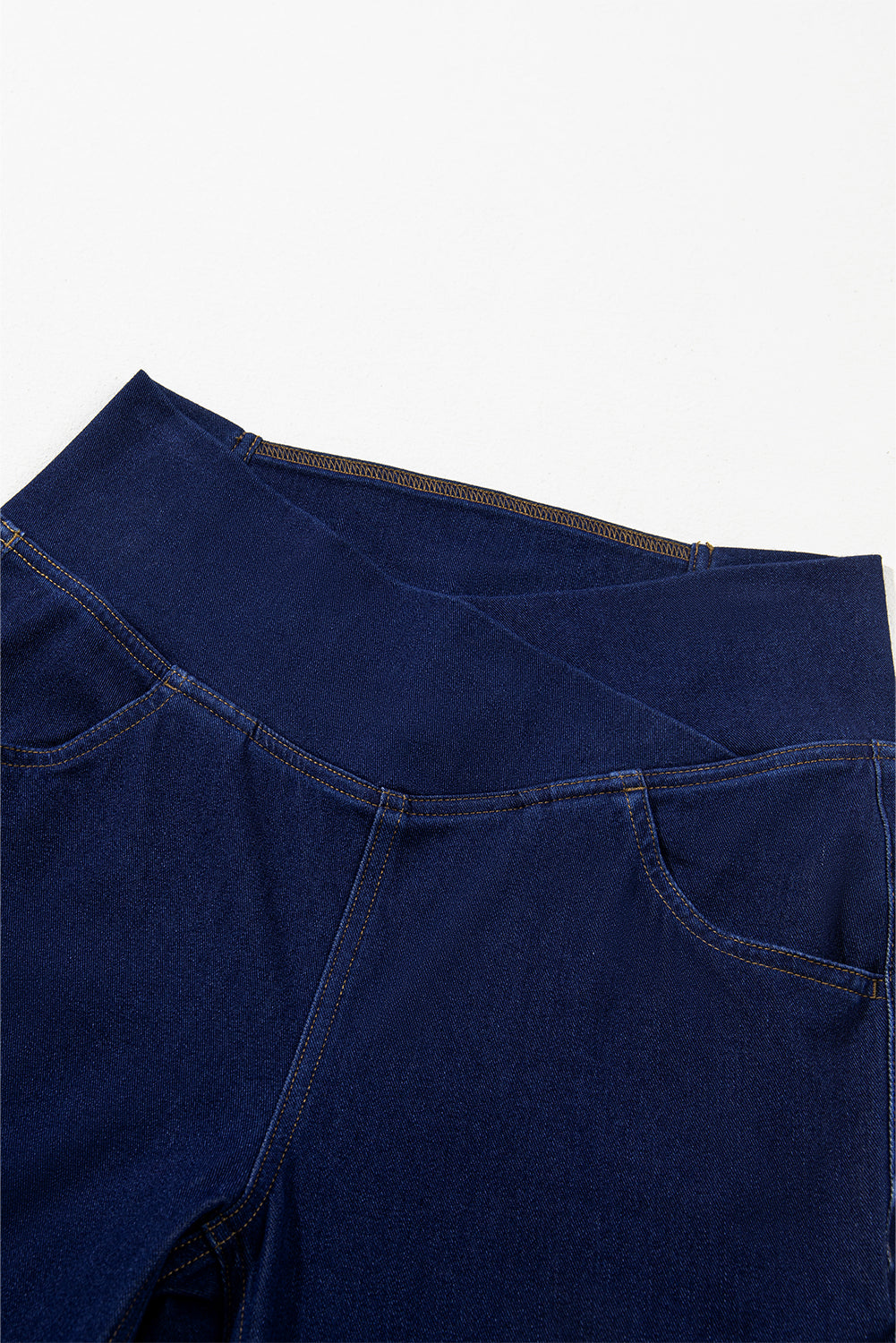 Dusk Blue Solid Crossed Waist High Elastic Fit Flare Jeans Beagle Boutique Fashion Outlet