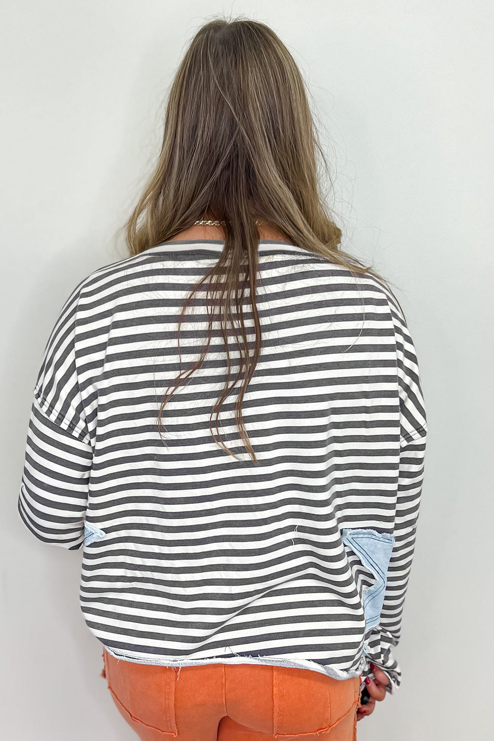 Stripe Starry Patch Drop Shoulder Raw Edge Casual Top - eAura
