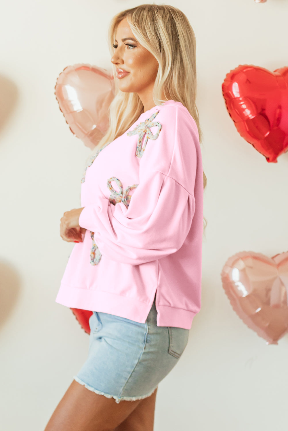 Light Pink Embroidered Bow Lantern Sleeve Oversized Pullover Sweatshirt eAura