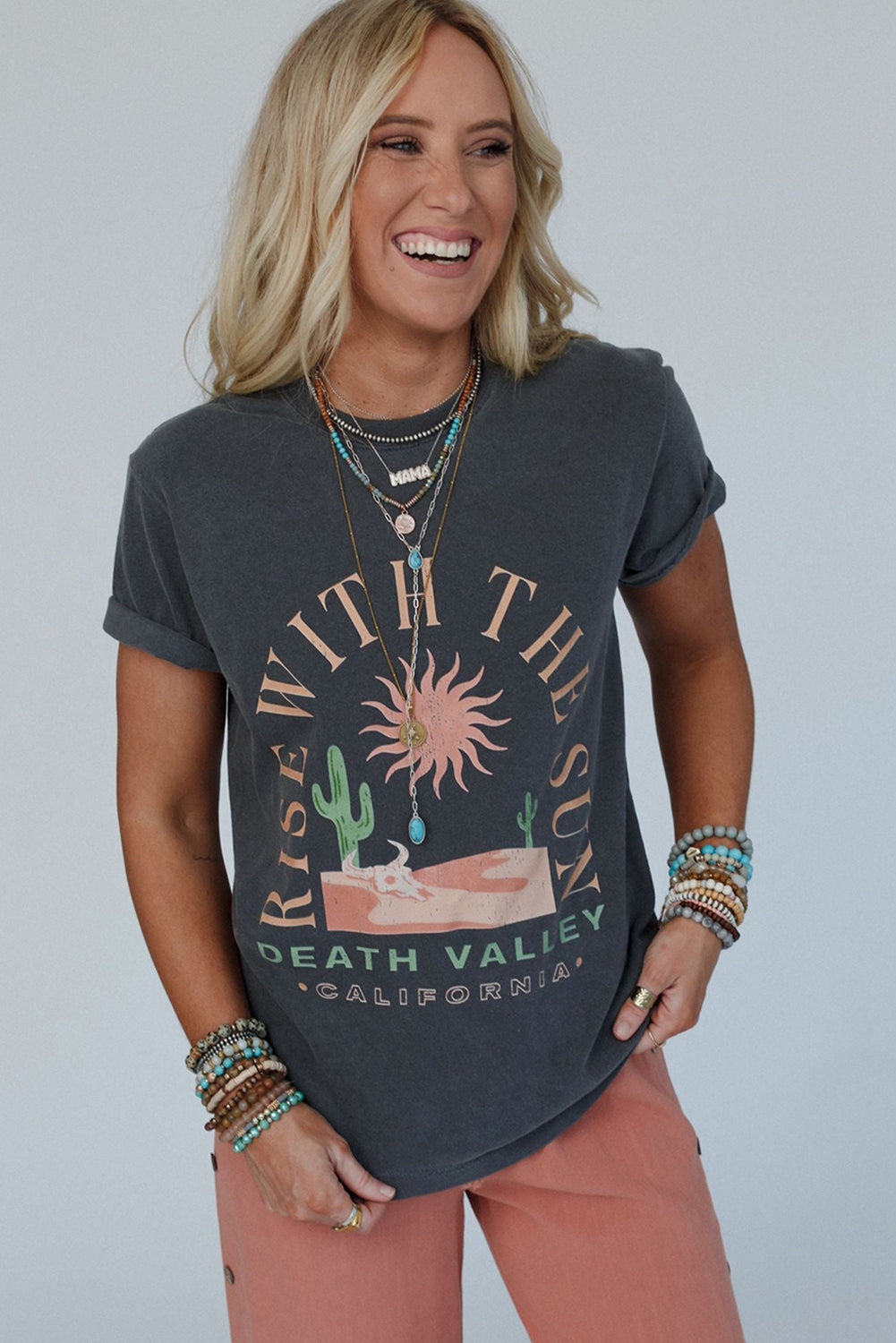 Dark Grey RISE WITH THE SUN Western Fashion Graphic Tee eAura