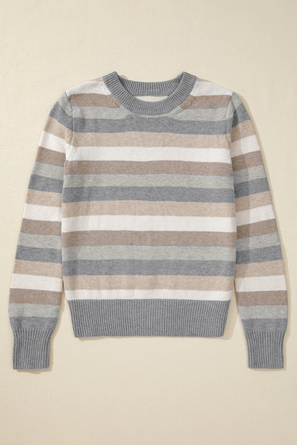 Grey Stripe Colour Block Ribbed Edge Round Neck Sweater eAura