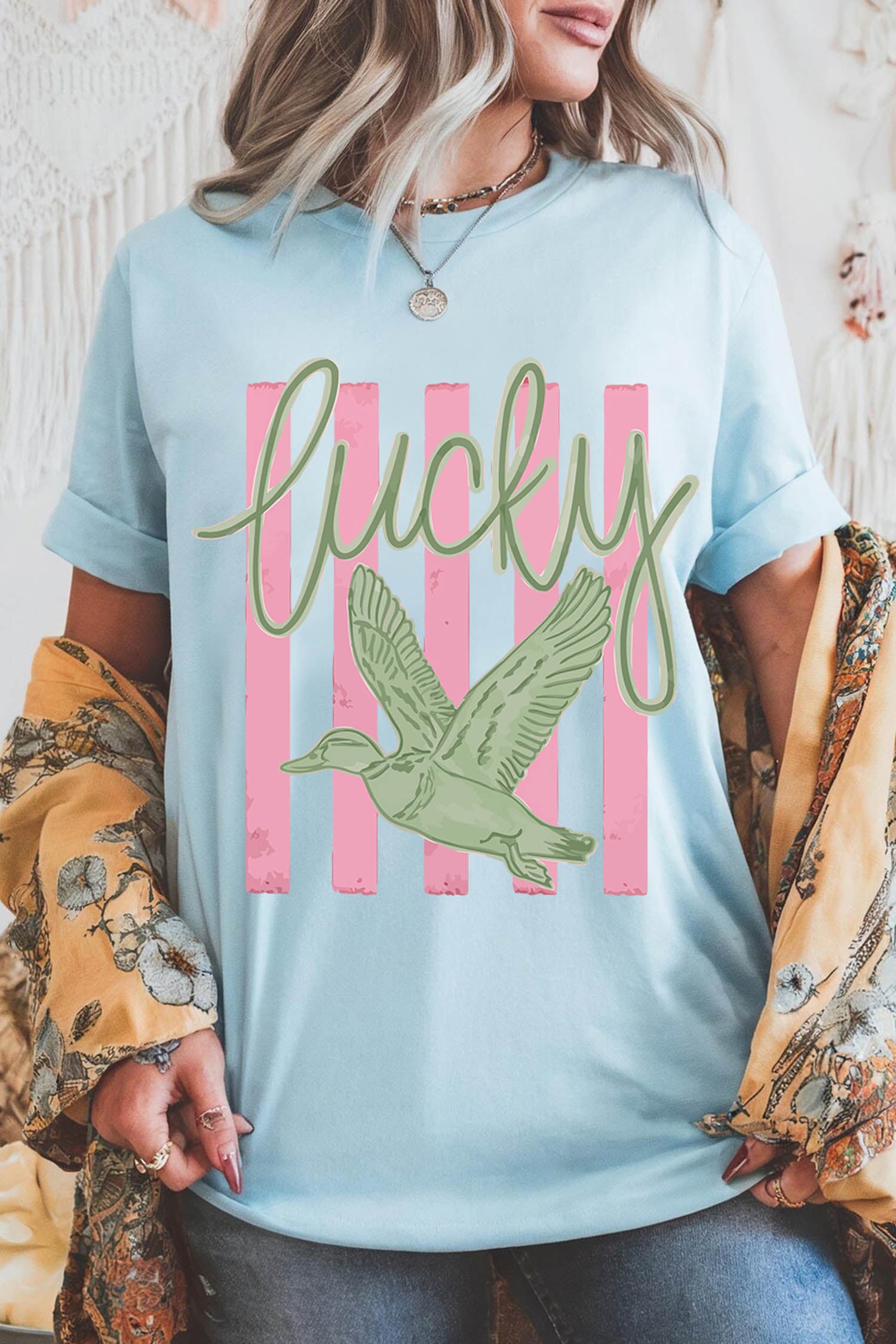 Lucky Duck Print Casual Round Neck T Shirt – Light Blue