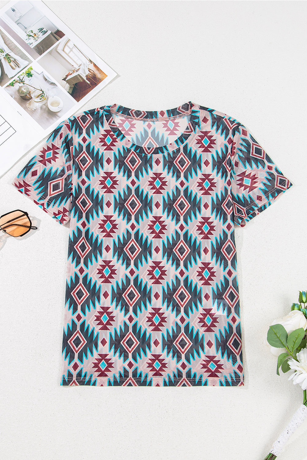 Blue Western Aztec Print Mesh Slim T Shirt eAura