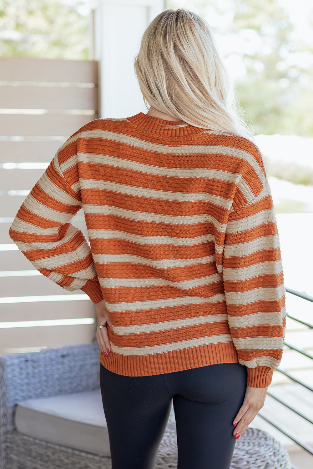 Orange Stripe Ribbed Trim Drop Shoulder Sweater - eAura