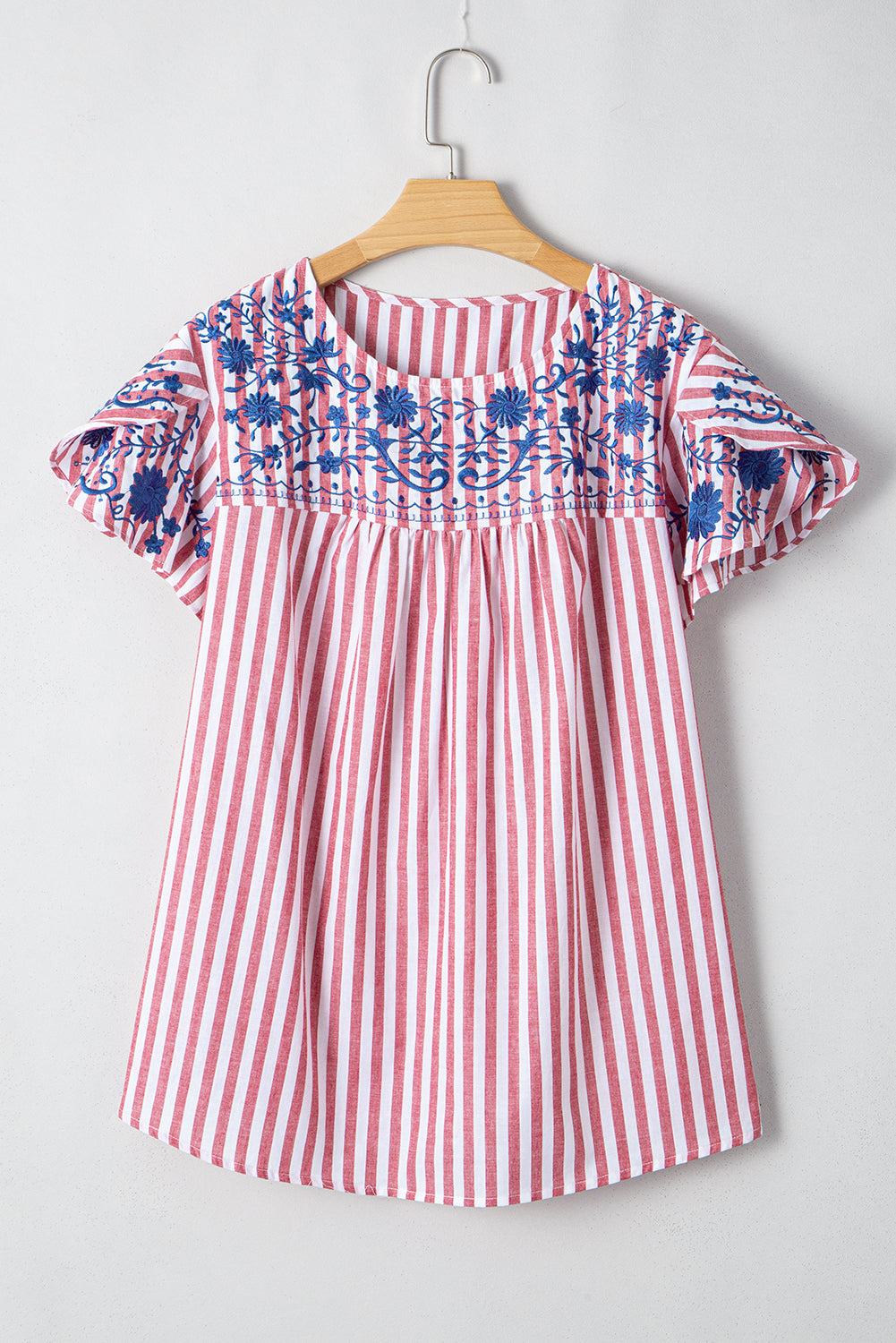 Red Stripe Plus Size Floral Embroidered Petal Sleeve Blouse BB Fashion Outlet