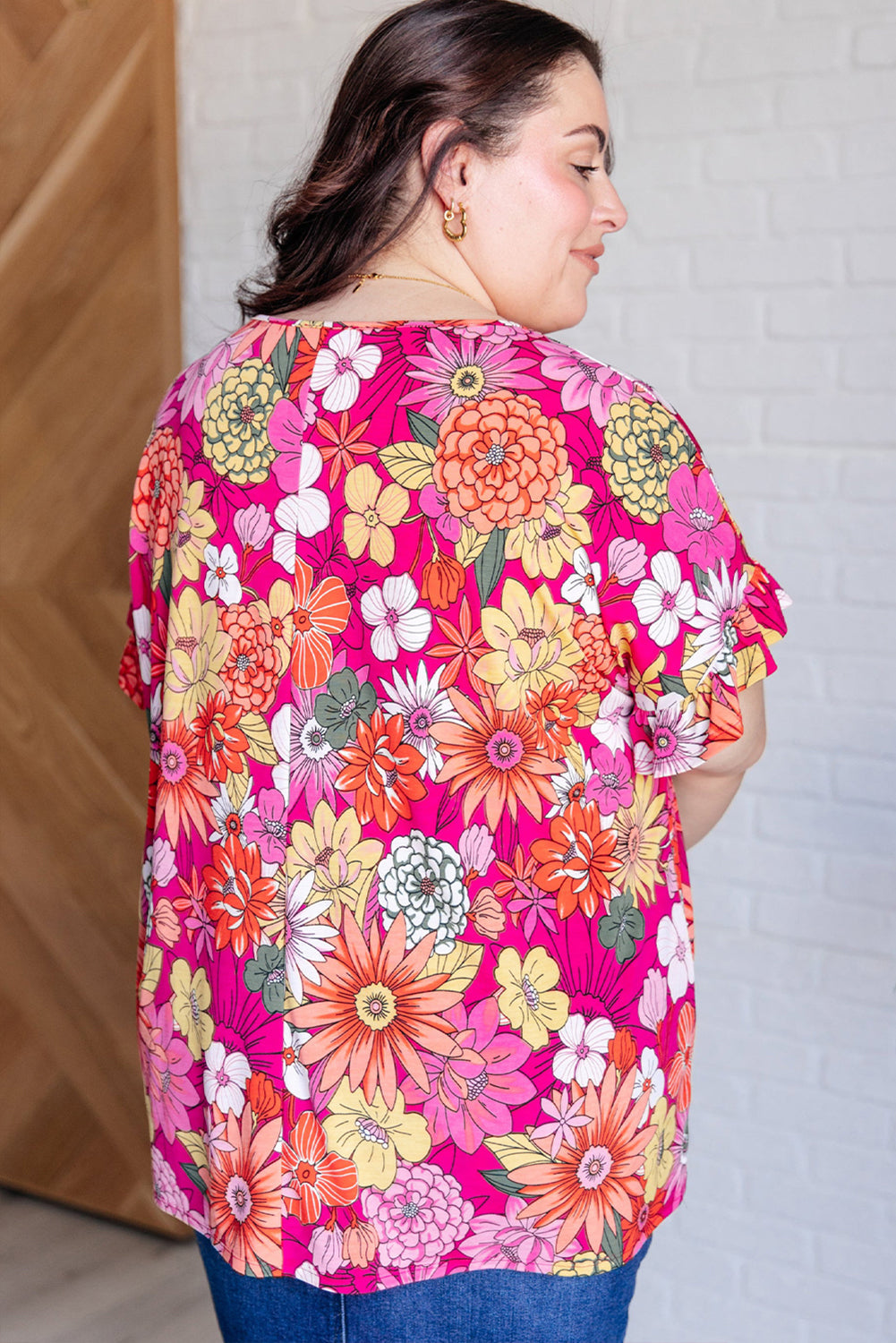 Rose Plus Size Floral Print Ruffle Short Sleeve Blouse BB Fashion Outlet