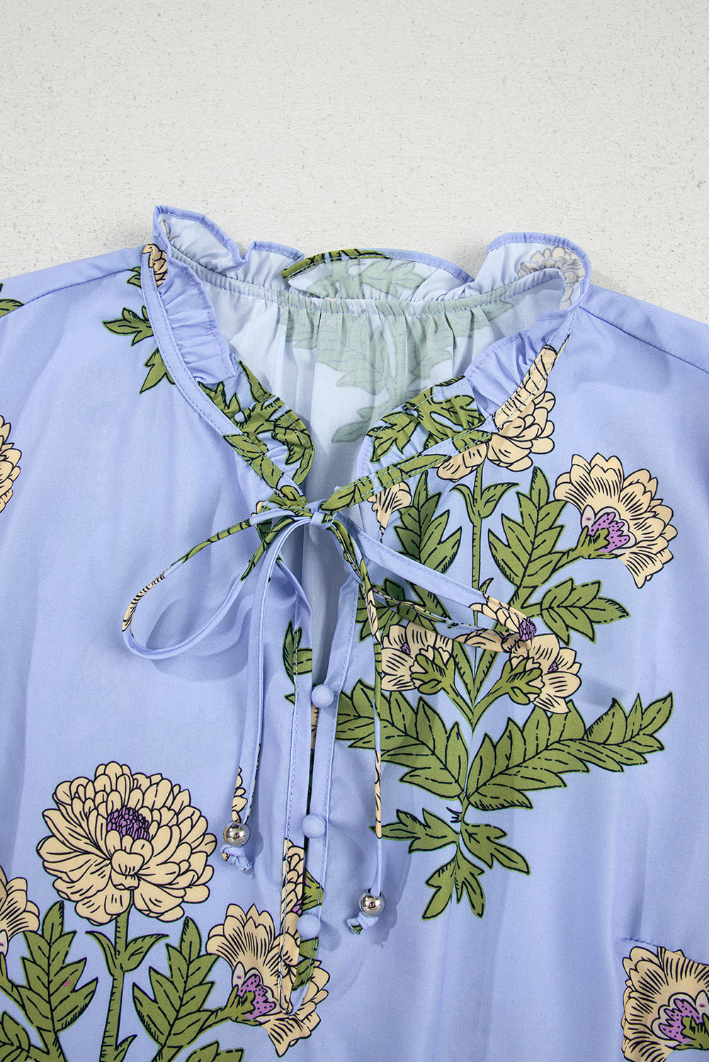 Floral Print Button Tie Neck Long Puff Sleeve Blouse - eAura