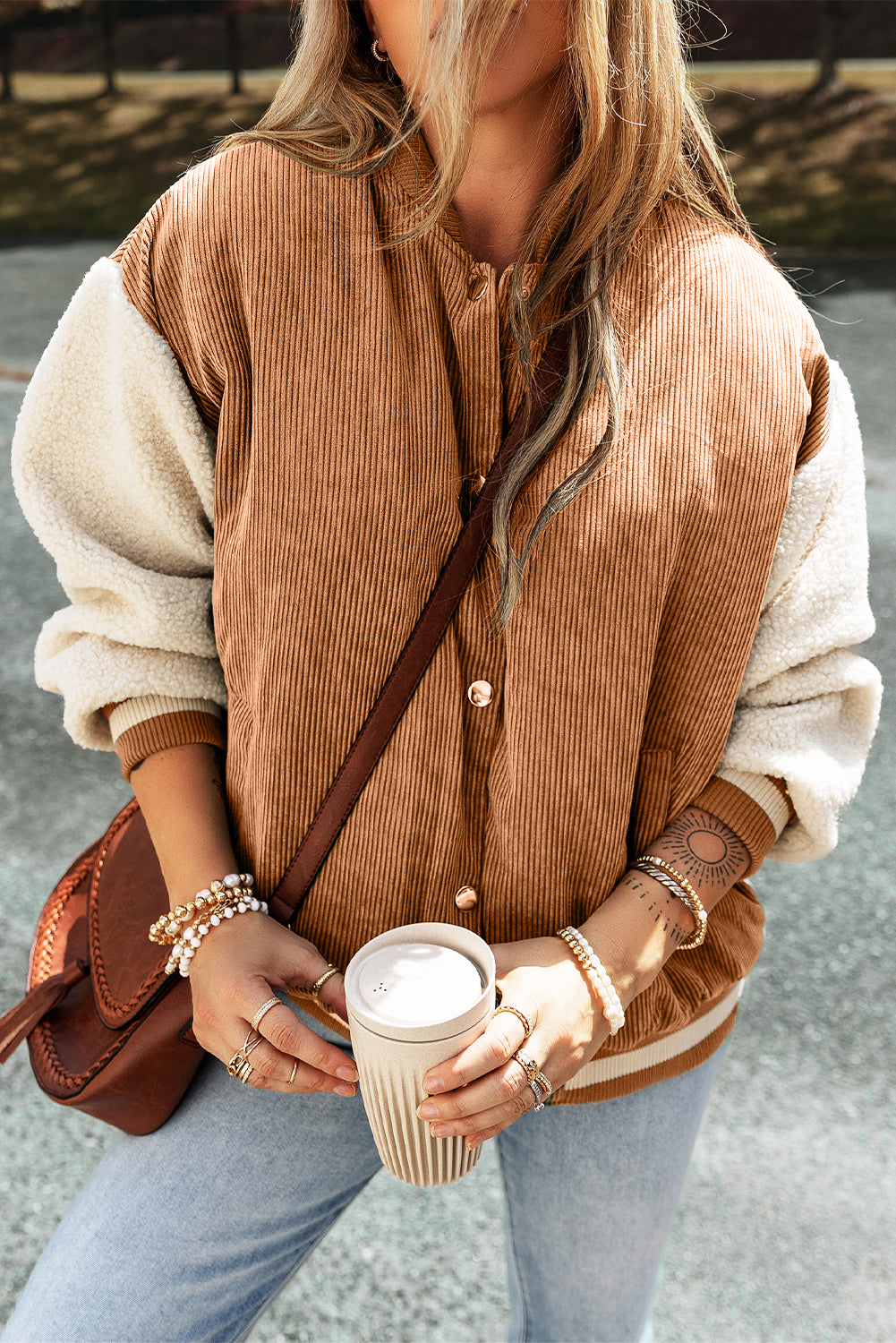 Buckskin Corduroy Fleece Patchwork Buttoned Bomber Jacket eAura