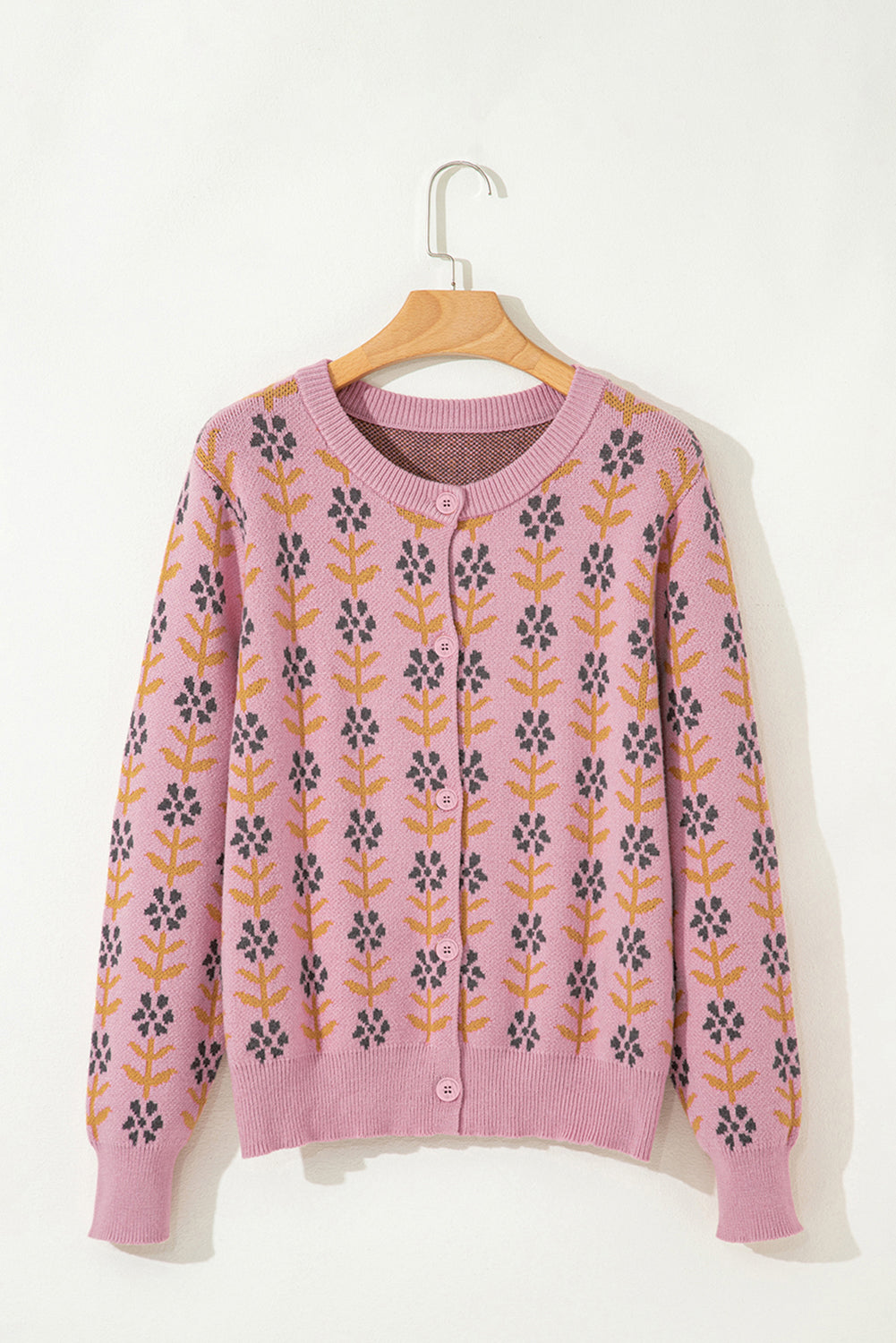 Pink Floral Button Down Ribbed Banded Cardigan Sweater - eAura