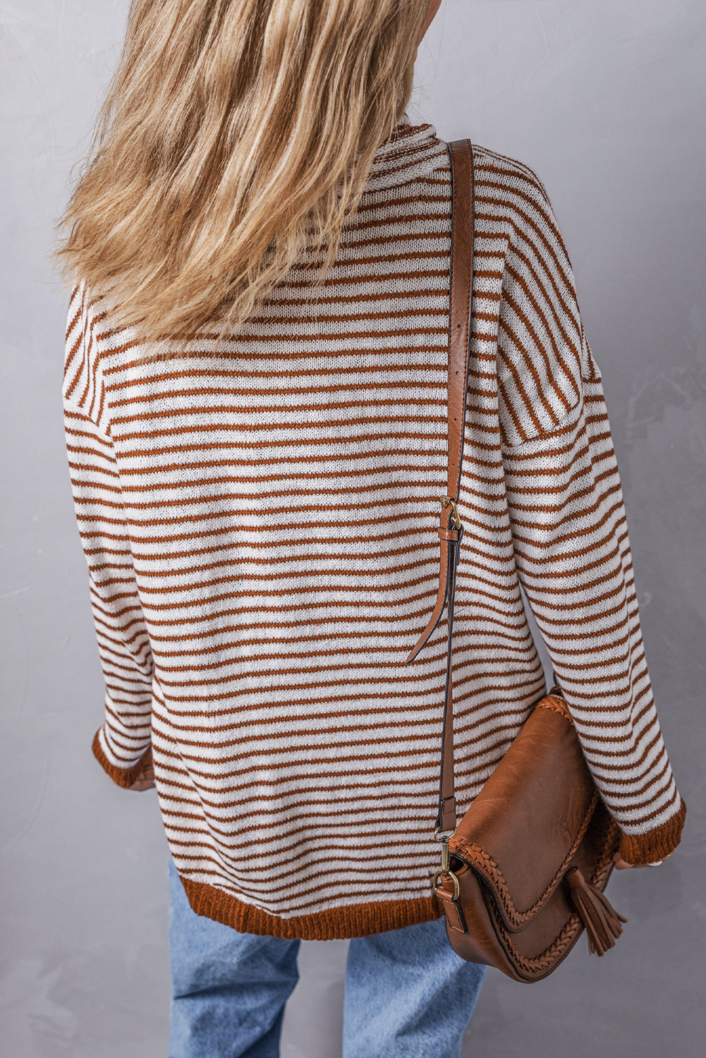 Brown Striped Turtleneck Loose Sweater eAura